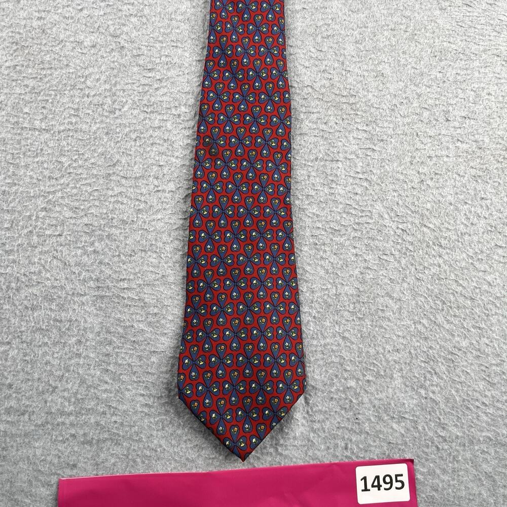 Salvatore Ferragamo Silk Neck Tie Red Navy Clover Print Made In Italy